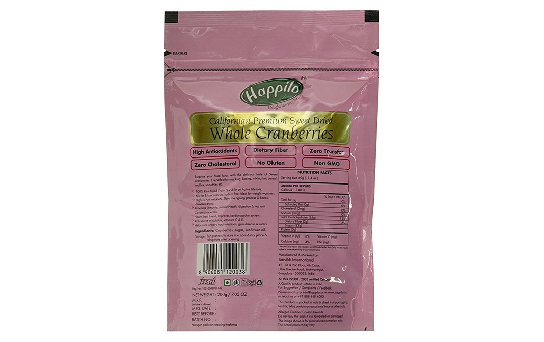Happilo Californian Premium Sweet Dried Whole Cranberries   Pack  200 grams